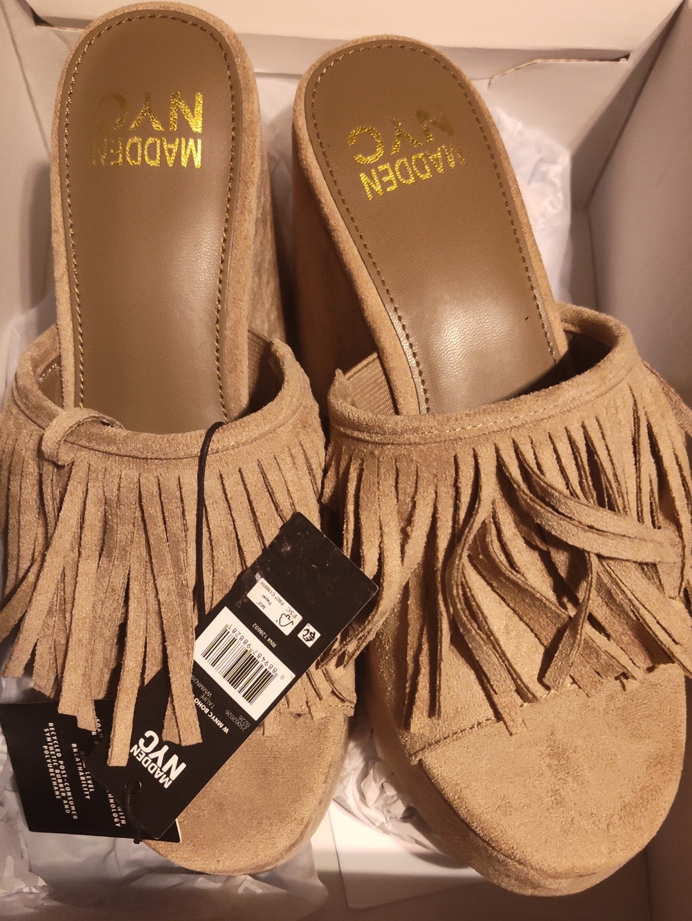Madewell-Style Tan Suede Fringe Wedge Slides